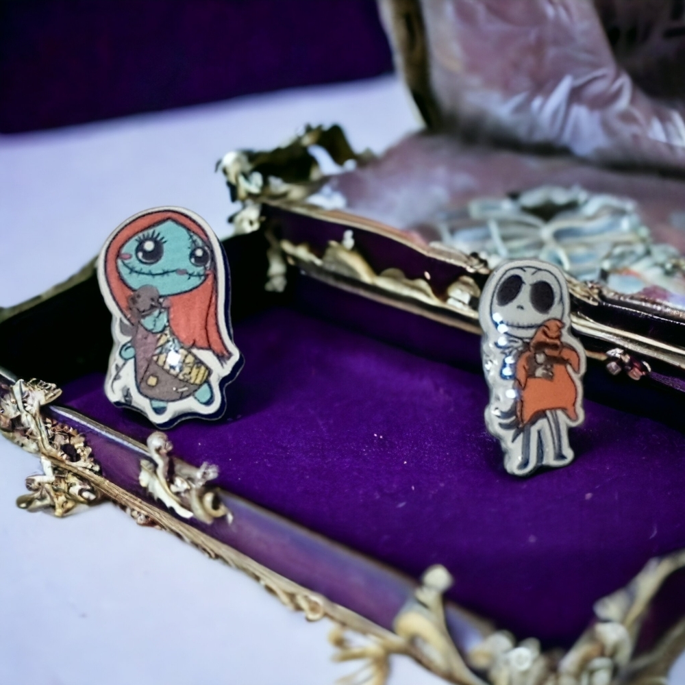 Cuddly Jack and Sally Nightmare Before Christmas Acrylic Stud Earrings